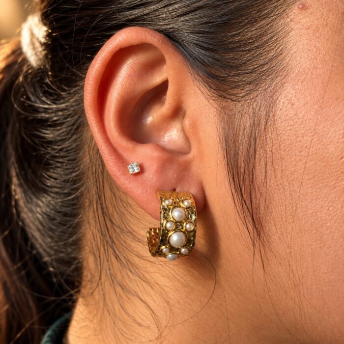 Golden Pearl Embellished Hoop Earrings