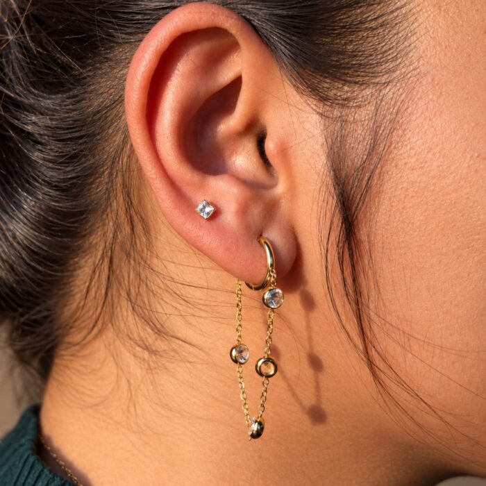 Golden Crystal Chain Drop Hoops