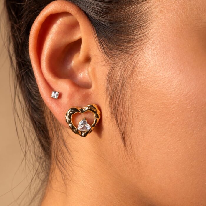 Golden Heart Crystal Stud Earrings