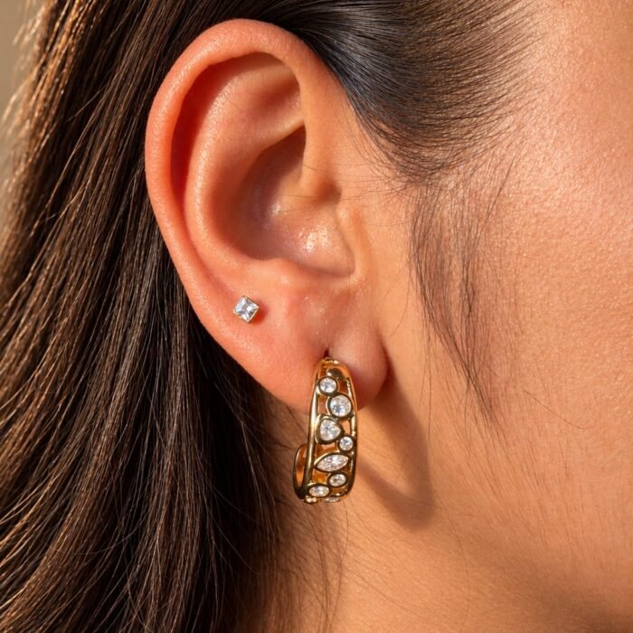 Golden Crystal Mosaic Hoop Earrings